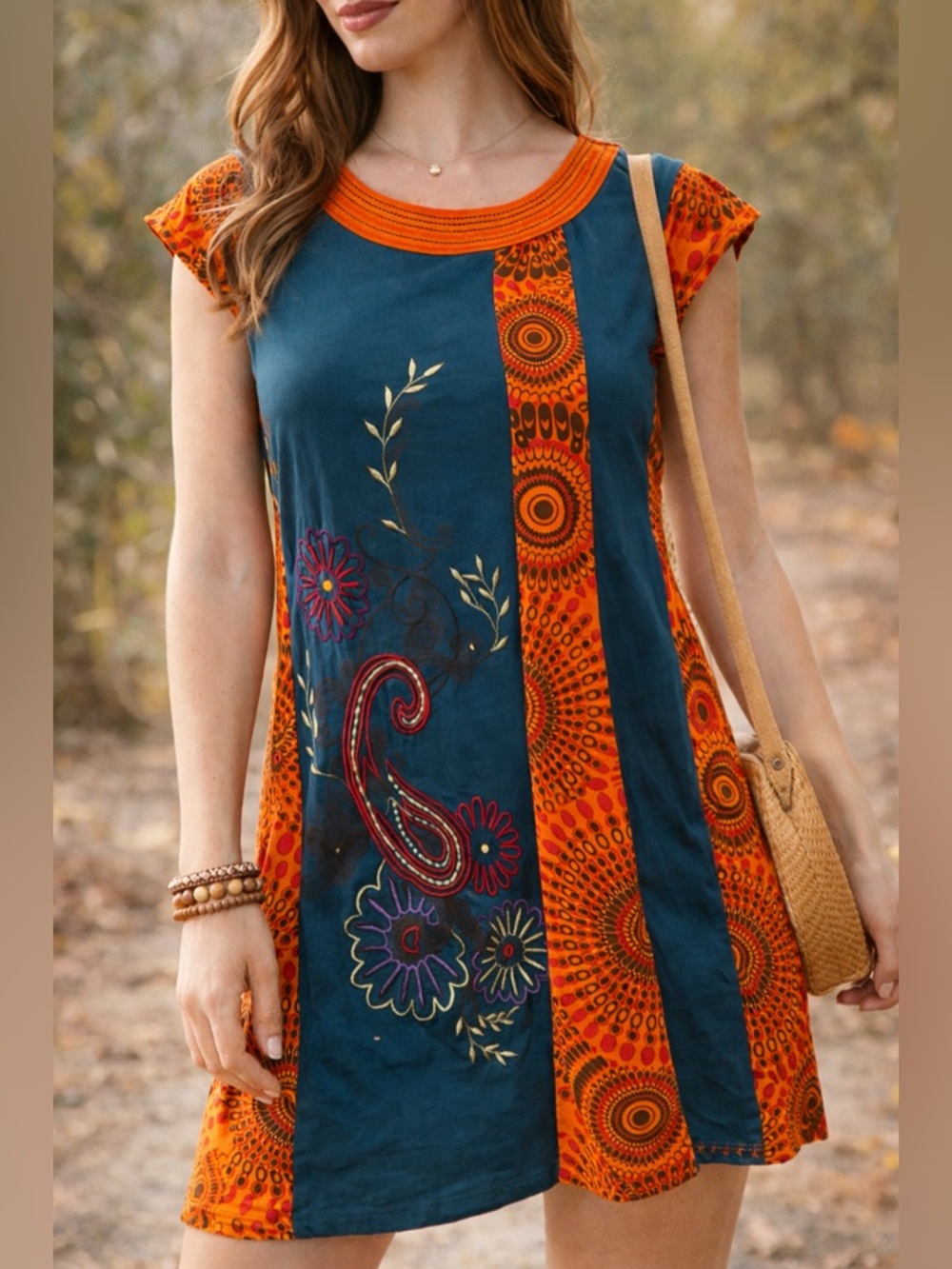 Boho Paisley Panel Tunic Dress in Teal and Orange
